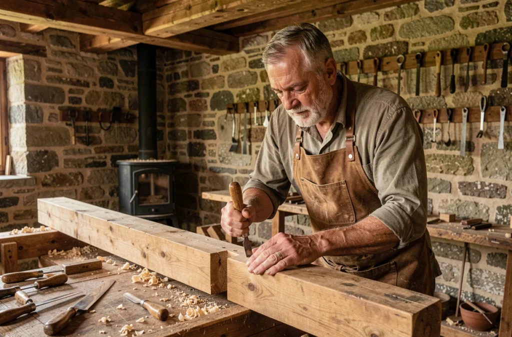 Artisan de Menuiserie Masson taillant à la main un assemblage en chêne dans son atelier traditionnel de la Nièvre