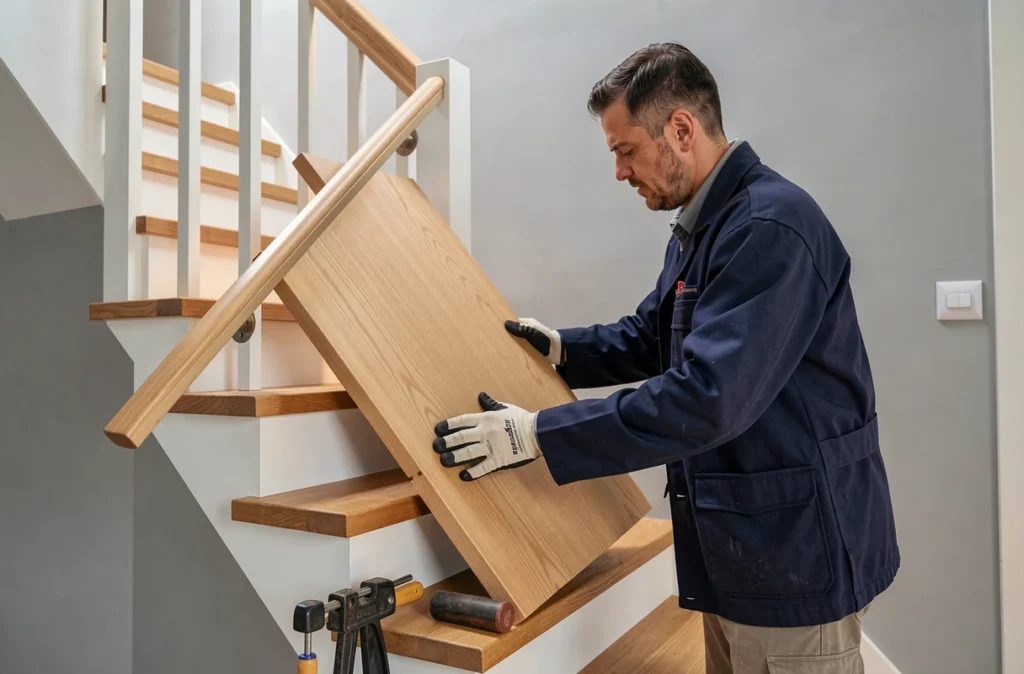 Menuisier de Menuiserie Picard posant un habillage bois sur mesure dans un escalier contemporain en Saône-et-Loire