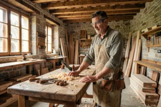 Atelier de menuiserie traditionnel en Bourgogne-Franche-Comté avec un menuisier artisan à son établi en chêne
