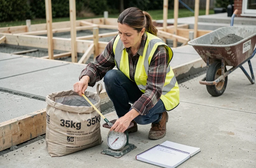 Femme professionnelle mesurant le volume restant dans un sac de béton de 35 kg lors d'une rénovation de terrasse