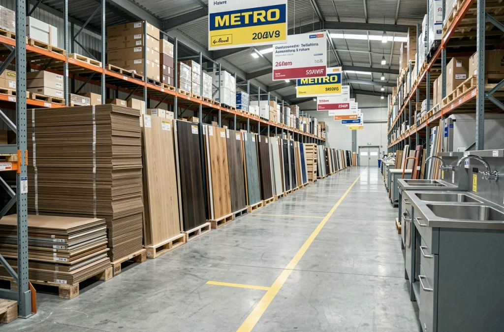 Allée équipements cuisine du magasin METRO Le Havre avec des produits destinés aux professionnels du bâtiment