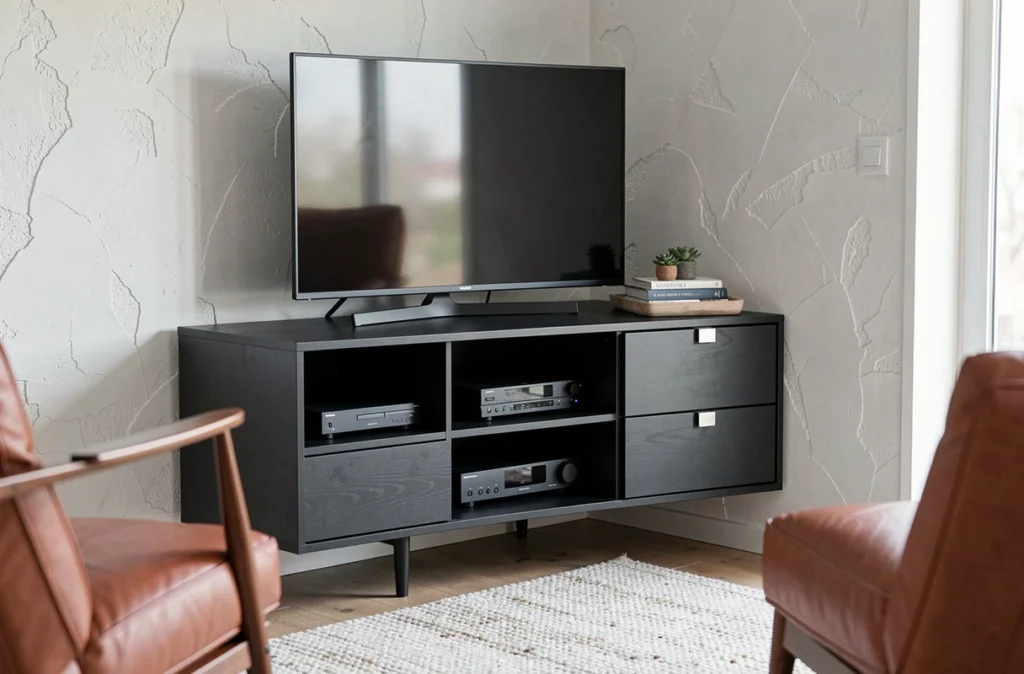 Meuble TV d'angle anthracite sur mesure avec étagères ouvertes dans un intérieur scandinave épuré