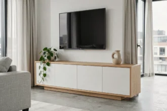 Meuble TV d'angle en bois clair et blanc mat dans un salon moderne minimaliste avec sol en béton poli