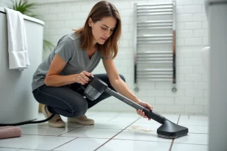 Femme utilisant un nettoyeur vapeur Lidl sur le carrelage d'une salle de bain, examinant le résultat de près