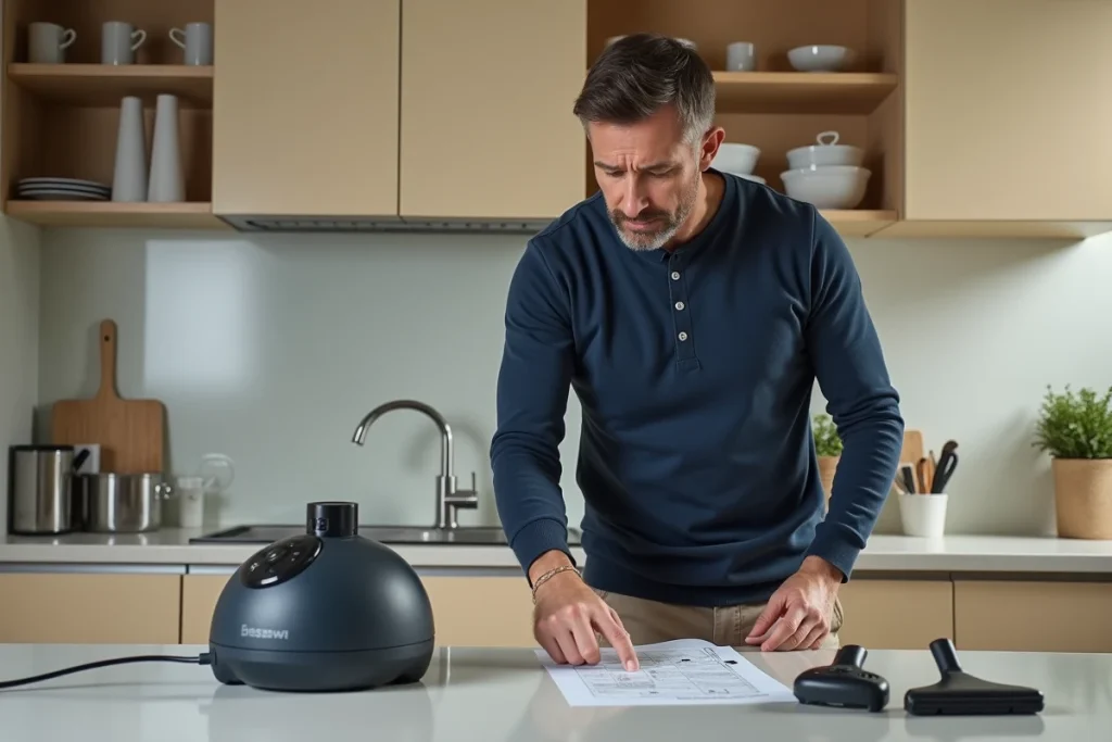 Homme lisant la notice d'un nettoyeur vapeur Lidl dans une cuisine avec les accessoires étalés sur le plan de travail