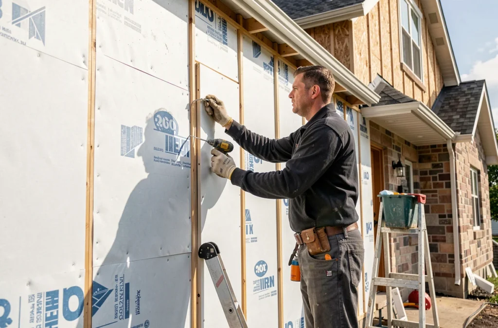 Ouvrier posant l'isolation extérieure sur la façade d'une maison
