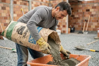 Ouvrier versant un sac de béton de 35 kg dans une auge de malaxage sur un chantier de construction