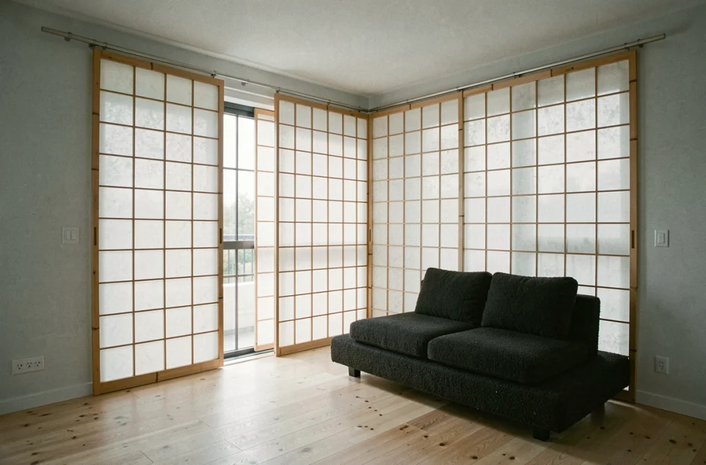 Panneaux coulissants japonisant en tissu washi sur mesure couvrant une baie vitrée en angle dans un salon scandinave