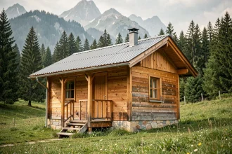 Petit chalet habitable en bois avec bardage naturel et toit en métal dans une prairie alpine entourée de pins