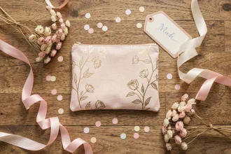 Pochette pour carte cadeau rose dorée entourée de fleurs séchées et rubans pastels pour une fête de printemps, vue de dessus sur table en bois rustique