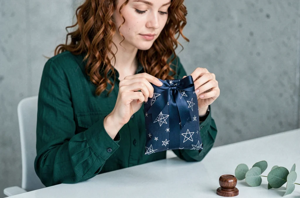 Femme assemblant une pochette carte cadeau bleu nuit avec étoiles argentées et ruban satiné pour une fête hivernale élégante