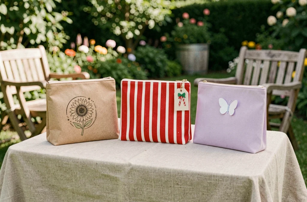Trois pochettes pour cartes cadeaux aux thèmes variés été pique-nique Noël et baby shower disposées sur table en lin lors d'une fête en jardin