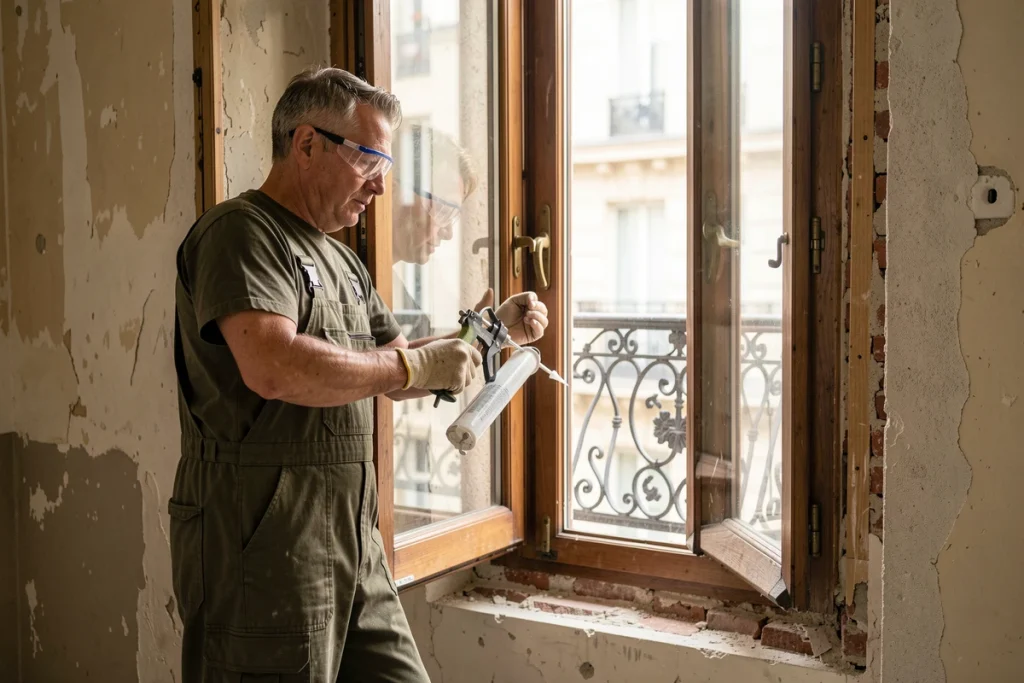 Deux artisans posant une fenêtre en bois double vitrage dans un appartement ancien, mur avec couches de plâtre apparentes et balcon en fer forgé