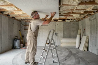 Artisan posant un panneau isolant phonique au plafond d'un garage en béton brut