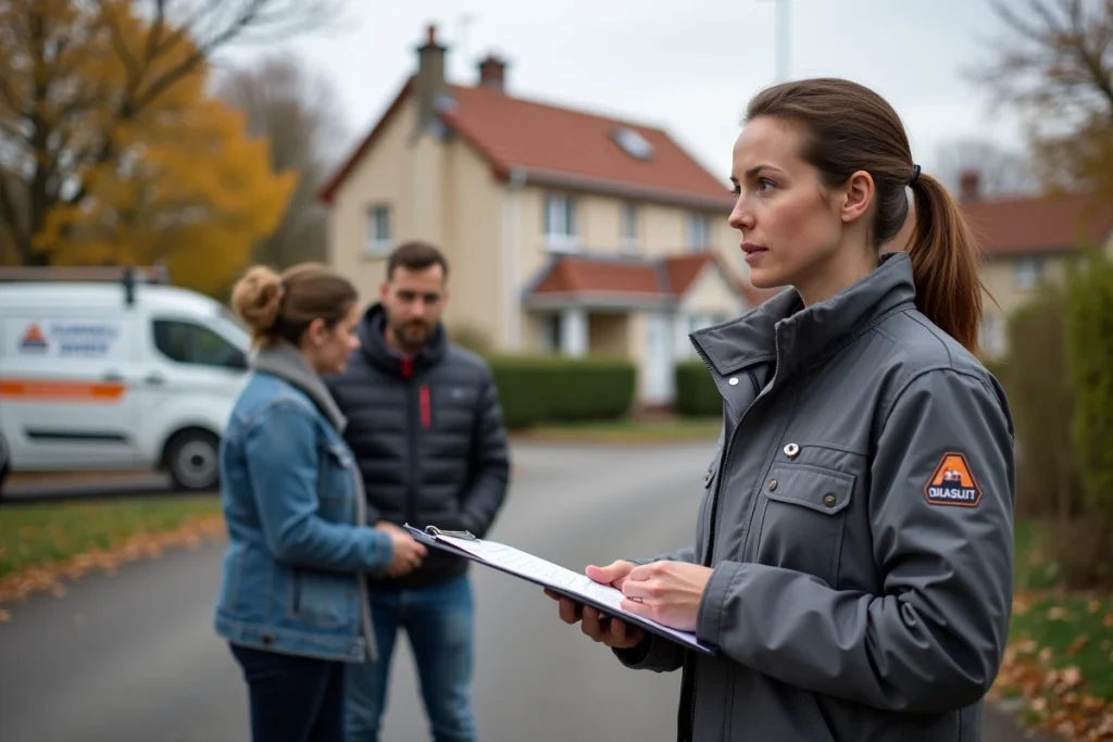 Professionnelle du ramonage expliquant l'efficacité d'une bûche de ramonage à des propriétaires devant leur maison