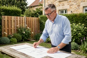 Propriétaire examinant les plans de clôture dans son jardin avant une déclaration de travaux