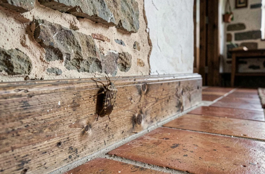 Punaise diabolique sur un mur en pierre d'une maison de campagne rustique près d'une plinthe en bois