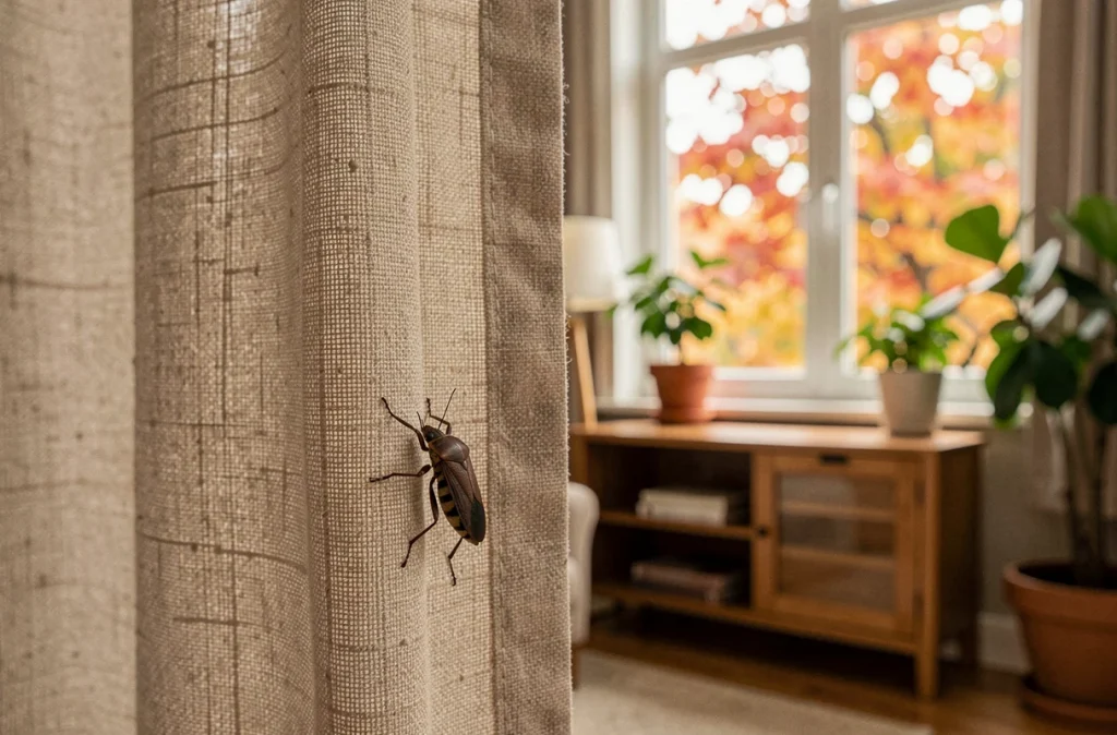 Punaise diabolique grimpant sur un rideau en lin beige dans un salon en automne