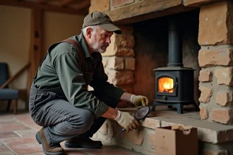 Ramoneur professionnel inspectant un conduit de cheminée en pierre après utilisation d'une bûche de ramonage