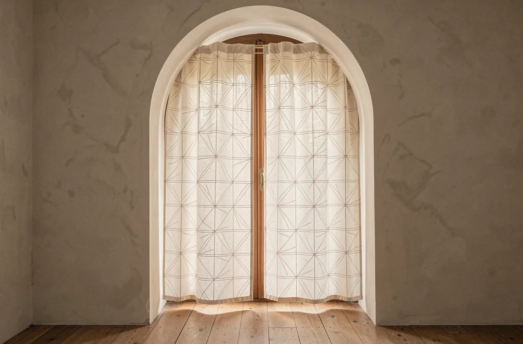 Rideau japonisant noren sur mesure en coton brut adapté à une fenêtre en arc atypique dans un appartement haussmannien