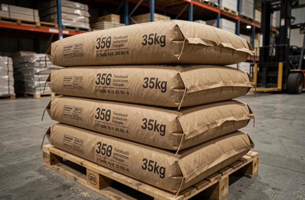 Sacs de béton de 35 kg empilés sur une palette en bois dans un entrepôt de matériaux de construction