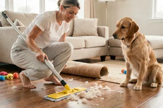 Femme utilisant une serpillière essoreuse pour nettoyer les poils de chien sur un parquet, avec un golden retriever assis à proximité dans un salon moderne