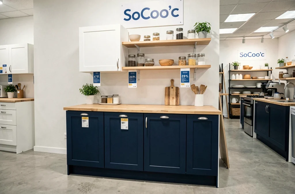 Exposition d'une cuisine bicolore marine et blanc dans le showroom SoCoo'c de Rouen