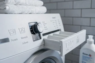 Gros plan sur les symboles machine à laver et le tiroir à lessive d'un lave-linge moderne 2026 avec pictogrammes de dosage en relief
