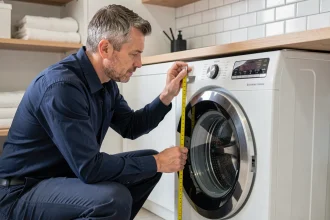 Technicien mesurant la hauteur d'une machine à laver avec un mètre ruban dans une buanderie moderne