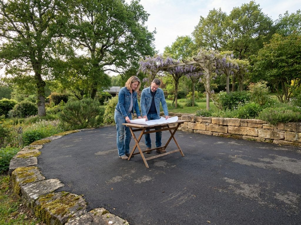 Terrasse en enrobé anthracite dans un jardin semi-rural avec couple consultant un plan d'aménagement