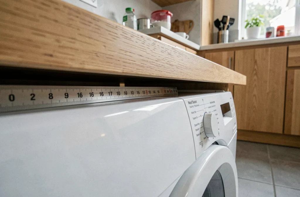 Espace entre le dessus d'une machine à laver et le plan de travail mesuré avec une règle métallique