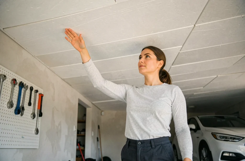 Femme vérifiant la qualité d'un plafond isolé phoniquement dans un garage aménagé